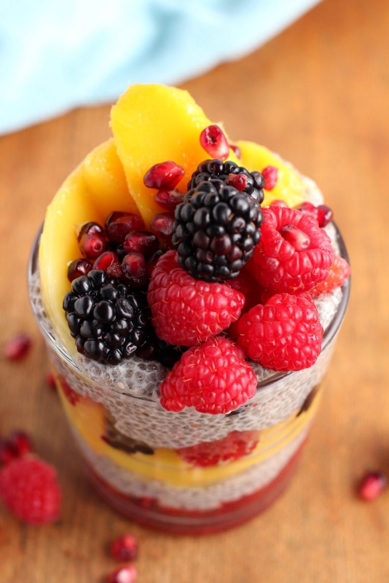 Chia Seed Pudding With Mango Berries And Pomegranate